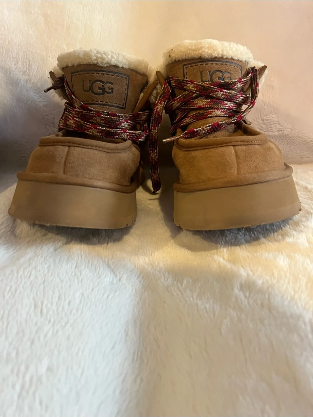 UGG men’s Chestnut Suede Sherpa Cuff Lace-Up Boots with Red Accented Laces